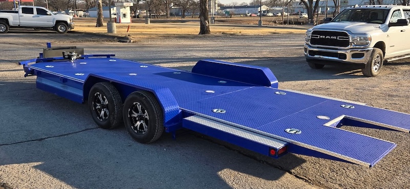 Blue car hauler trailer at DoubleTake Trailer Sales
